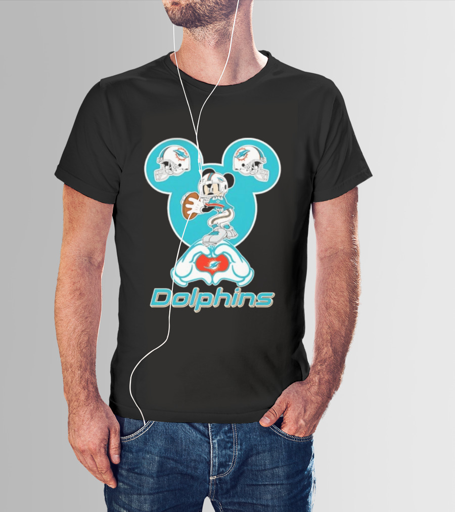 Miami Dolphins Mickey Mouse Heart Hands Football Helmets T-Shirt