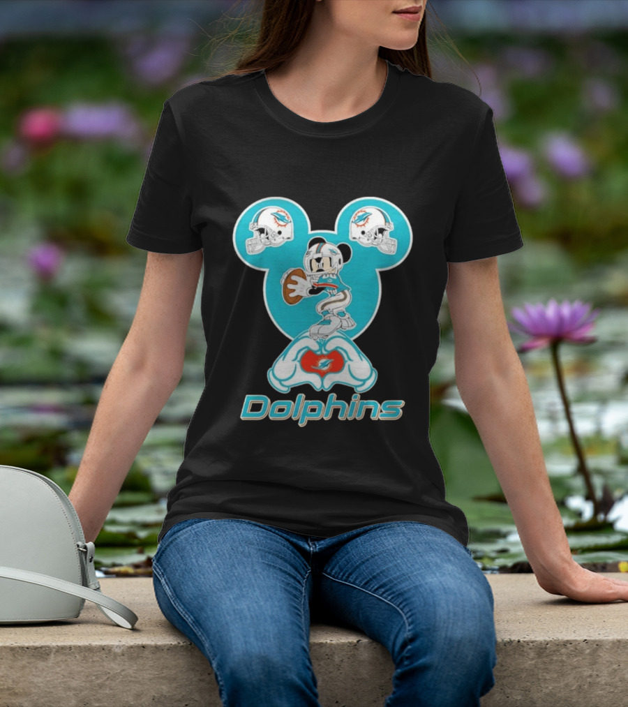 Miami Dolphins Mickey Mouse Heart Hands Football Helmets T-Shirt