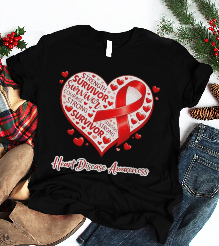 Survivor Strength Courage Strong Heart Disease Awareness Red Ribbon T-Shirt