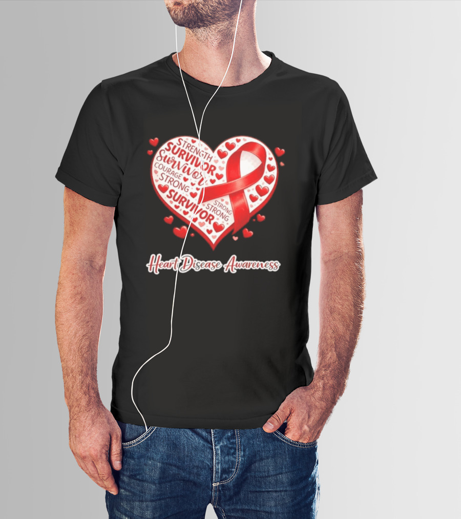 Survivor Strength Courage Strong Heart Disease Awareness Red Ribbon T-Shirt