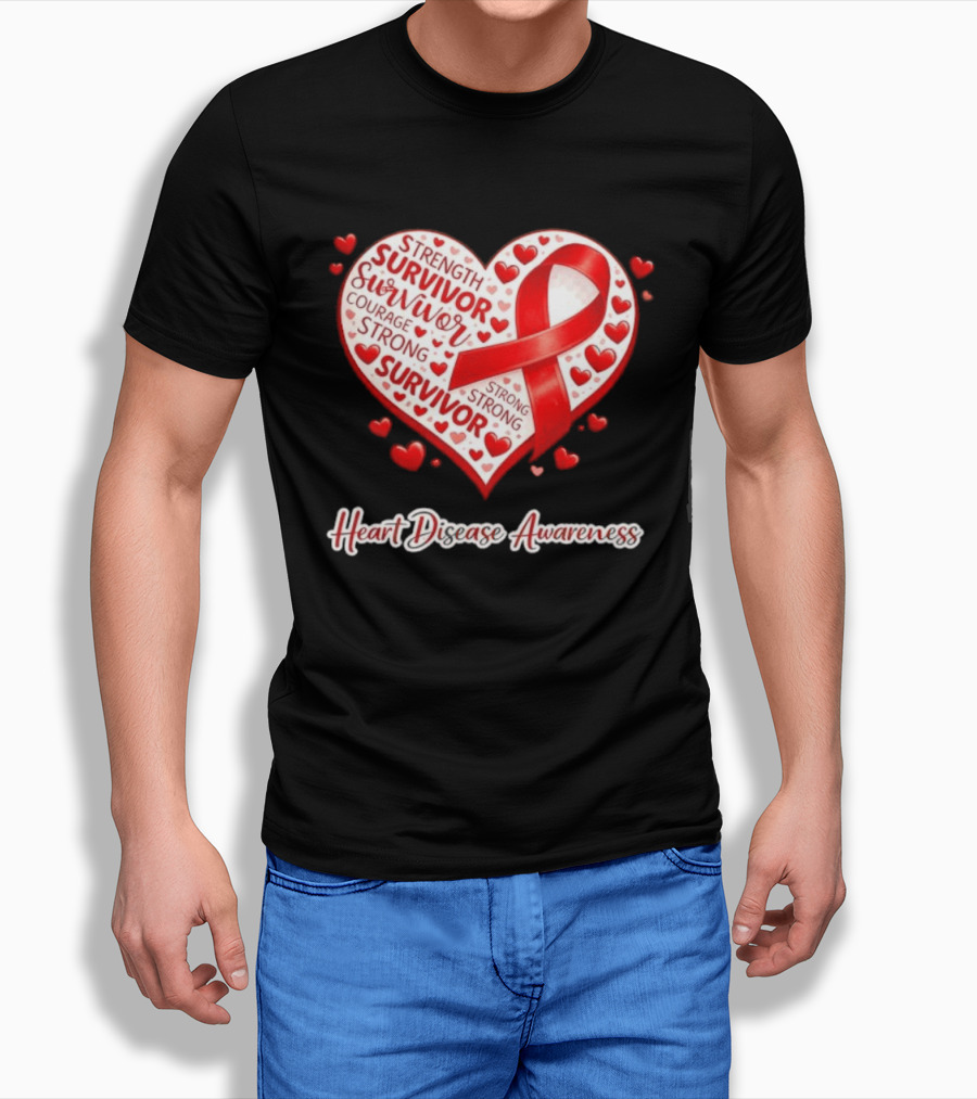 Survivor Strength Courage Strong Heart Disease Awareness Red Ribbon T-Shirt