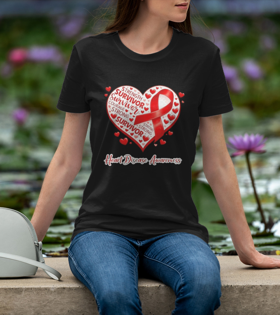 Survivor Strength Courage Strong Heart Disease Awareness Red Ribbon T-Shirt