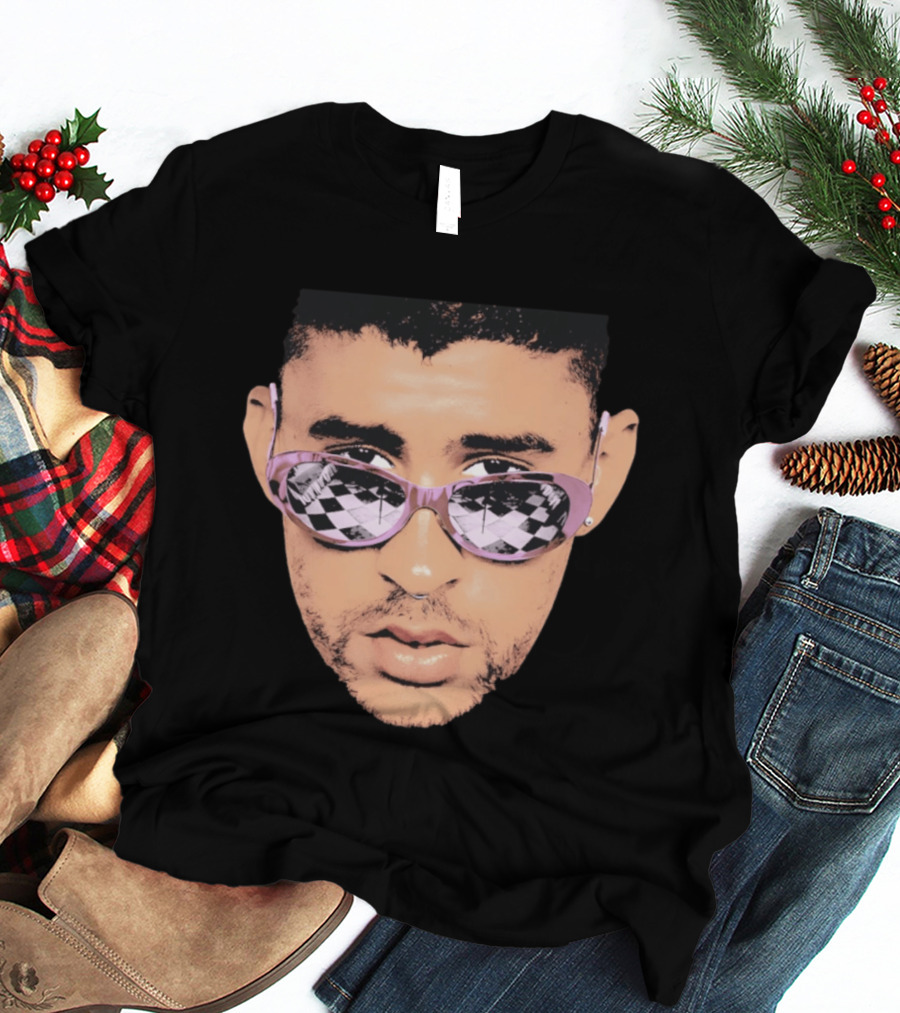 Bad Bunny Big Face Pastel Sunglasses Checkered T-Shirt