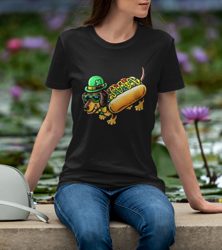 St Patricks Day Chicago Hot Dog Wearing Irish Hat And Glasses T-Shirt