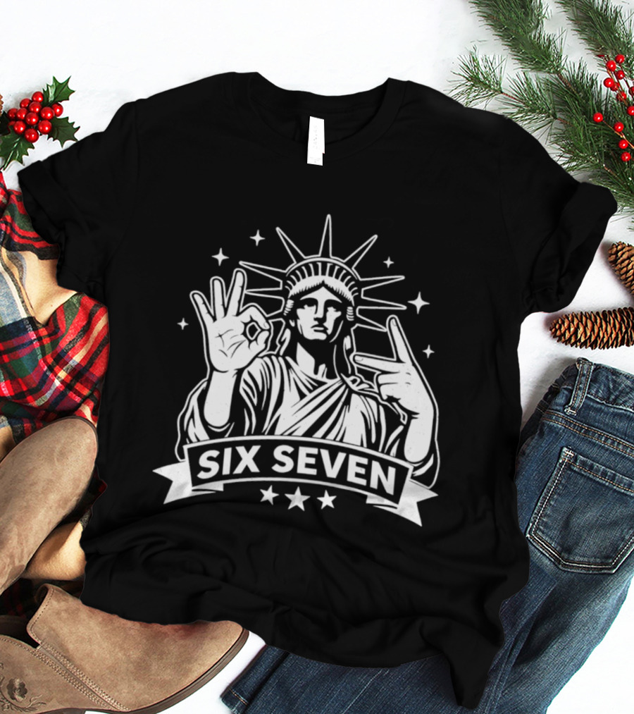 Statue Of Liberty Six Seven Hand Gesture Stars T-Shirt