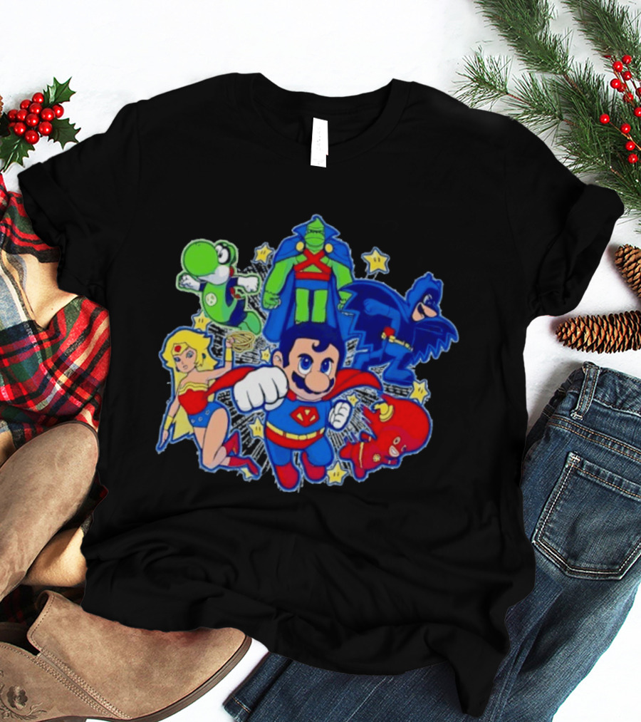 Justice League Mario Bros Crossover With Yoshi Batman Flash Wonder Woman Martian Manhunter T-Shirt