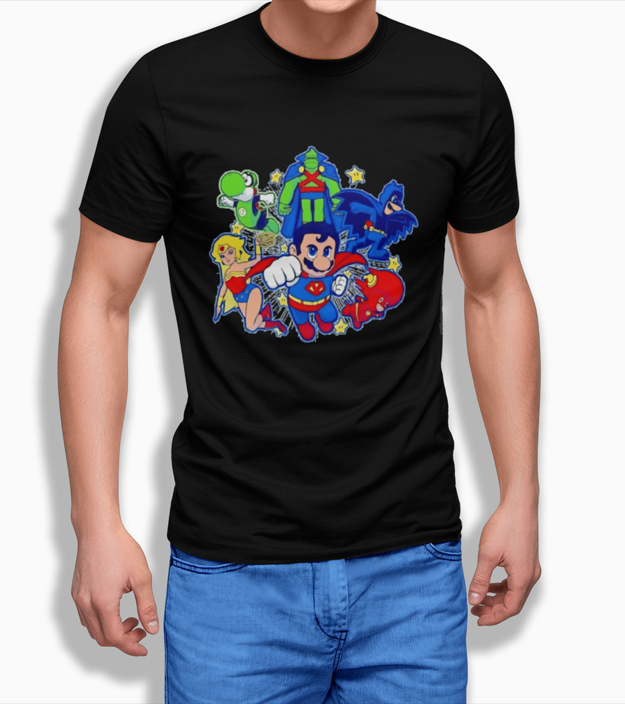 Justice League Mario Bros Crossover With Yoshi Batman Flash Wonder Woman Martian Manhunter T-Shirt