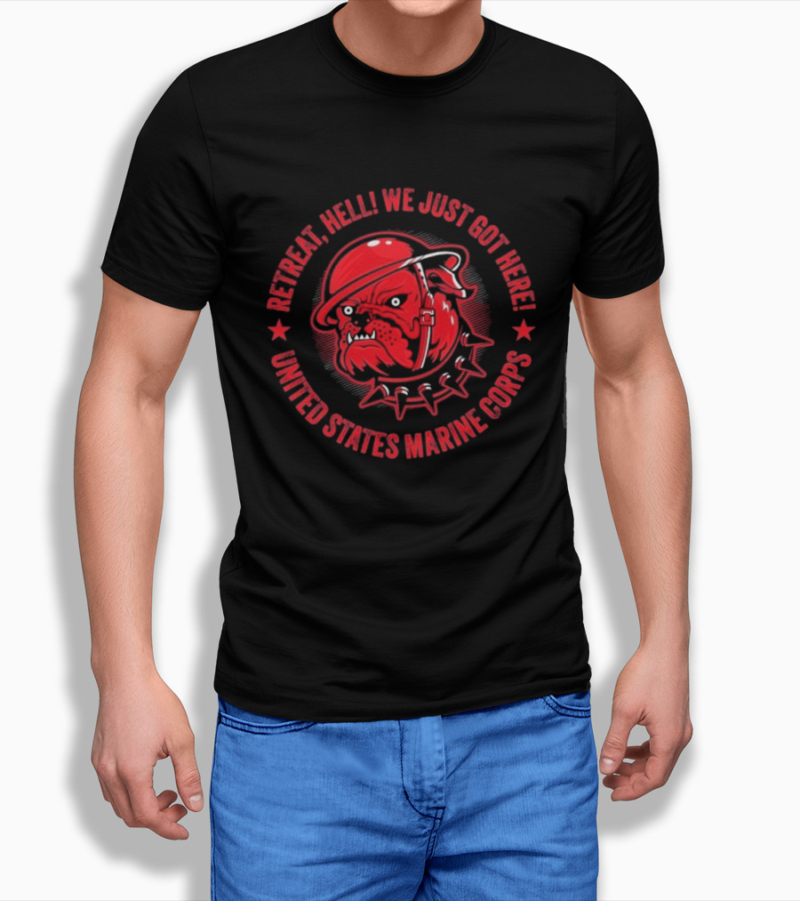 Retreat Hell We Just Got Here United States Marine Corps Bulldog Helmet T-Shirt