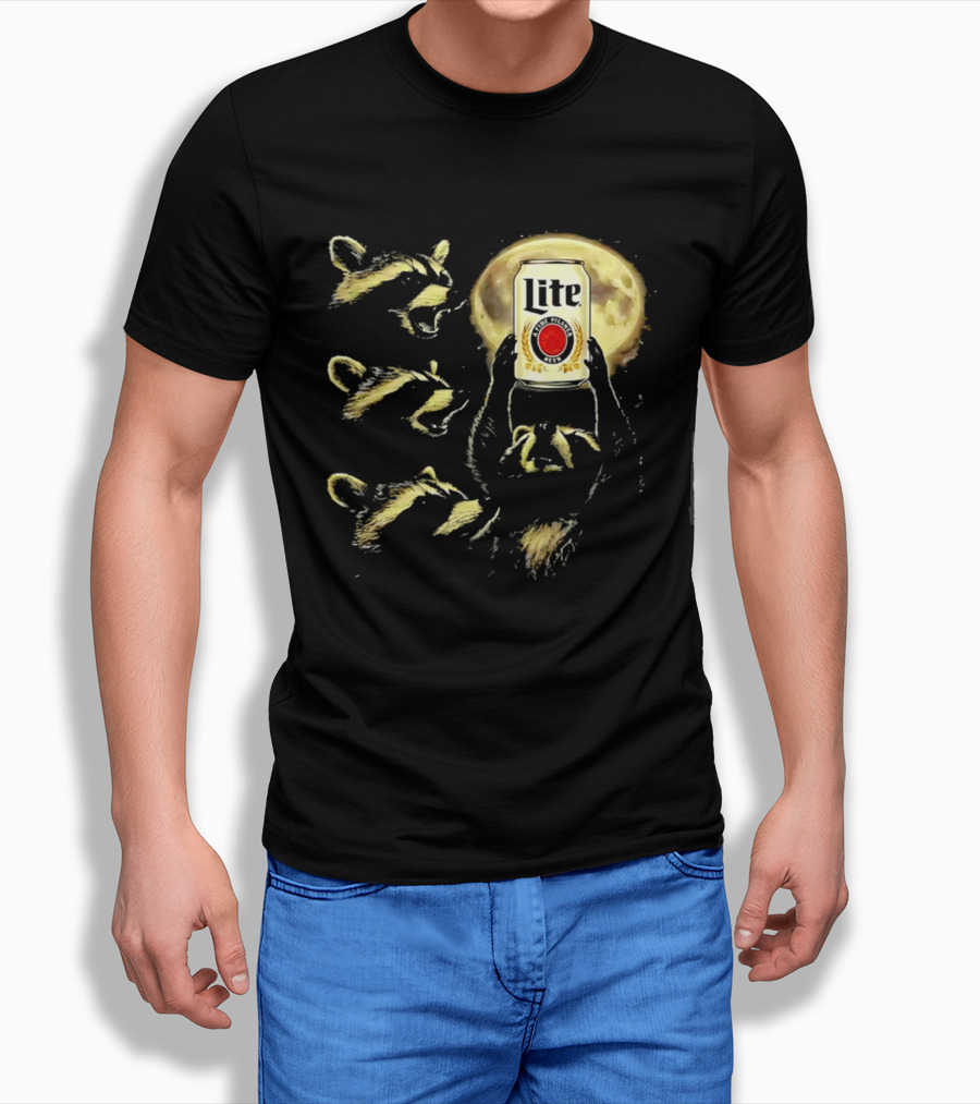Moon Raccoon Lite Beer Can In Full Moonlight T-Shirt