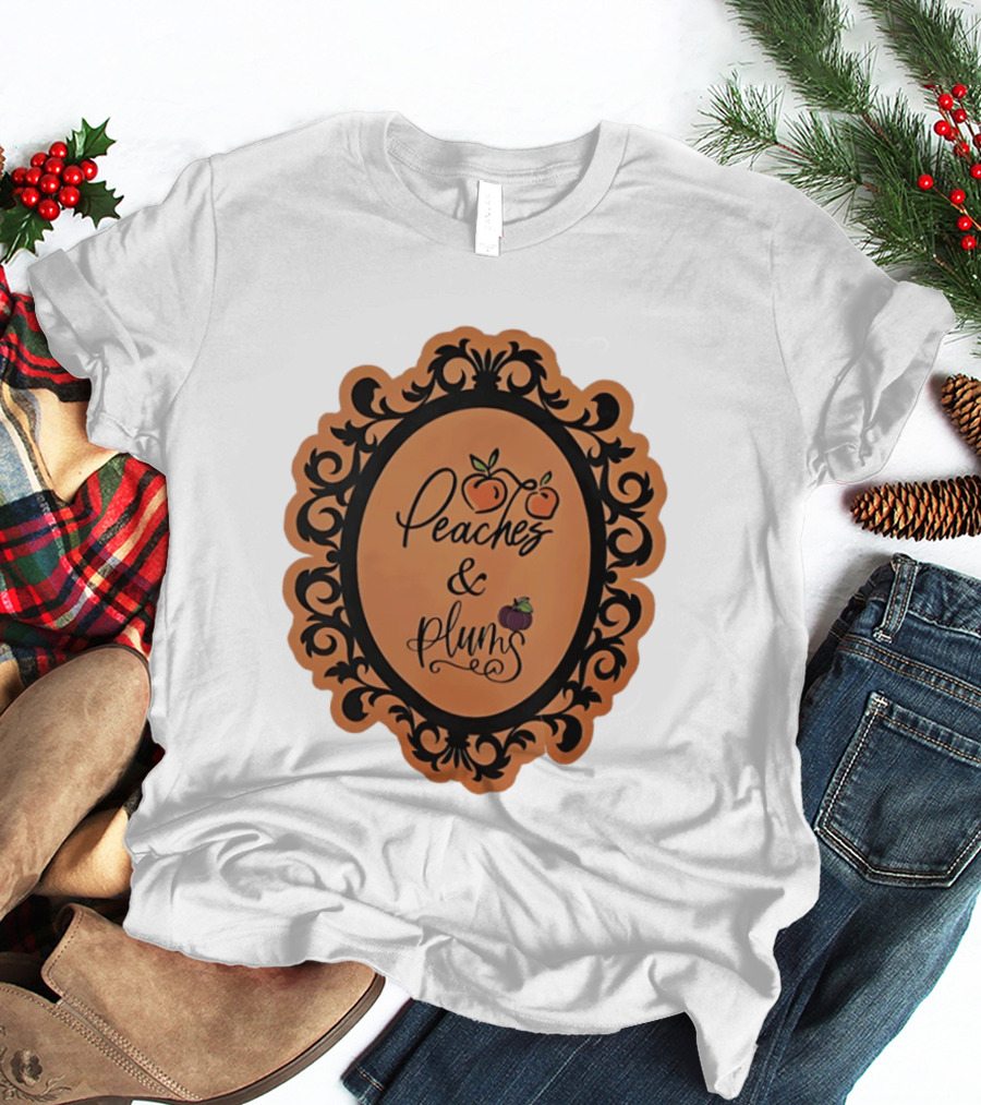 Peaches And Plums Ornate Black Floral Oval Frame T-Shirt