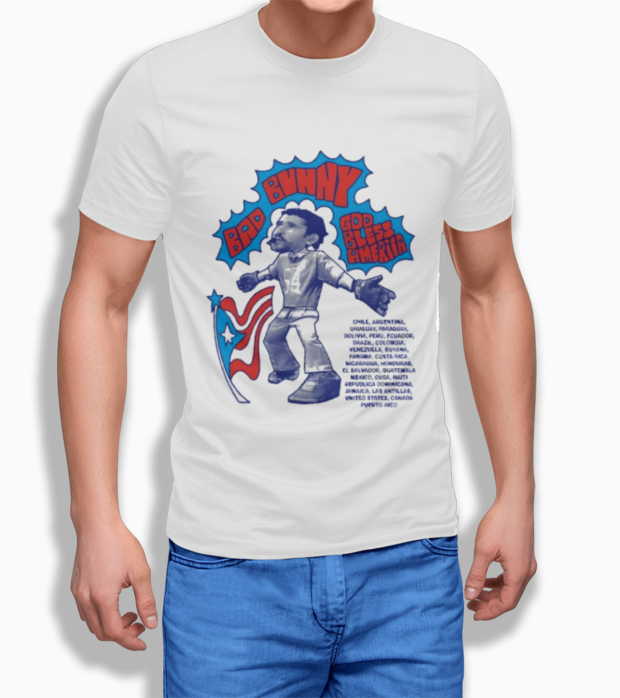 Bad Bunny God Bless America Featuring Puerto Rico Flag Map Of Americas T-Shirt