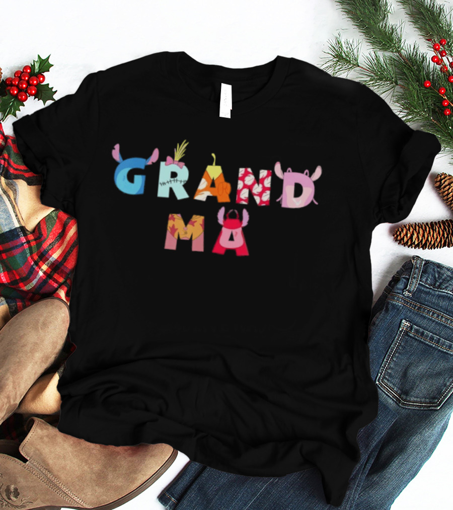 Disney Lilo And Stitch Grandma Birthday Colorful Character Letters T-Shirt