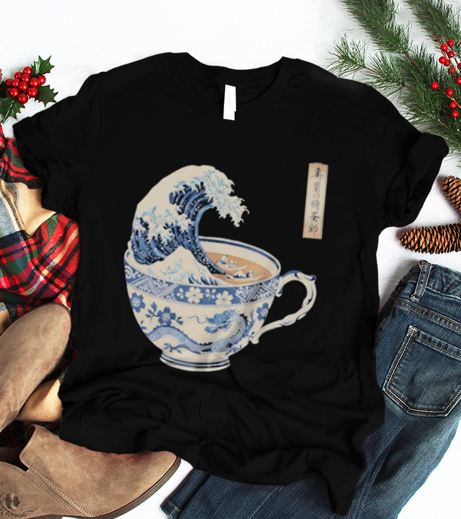 The Great Kanagawa Tea Cup Ukiyo E Wave Meets Dragon Porcelain T-Shirt