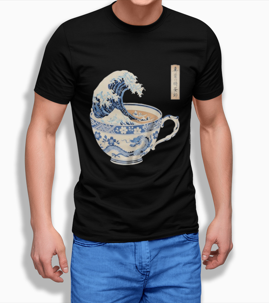 The Great Kanagawa Tea Cup Ukiyo E Wave Meets Dragon Porcelain T-Shirt