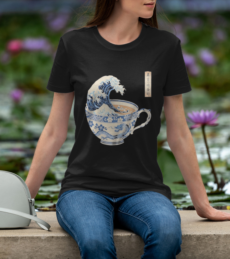 The Great Kanagawa Tea Cup Ukiyo E Wave Meets Dragon Porcelain T-Shirt