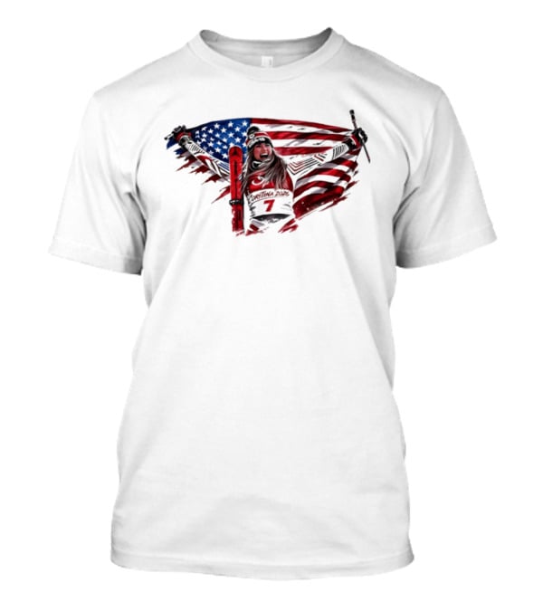 USA Winter Olympic Mikaela Shiffrin American Flag Skier T-Shirt