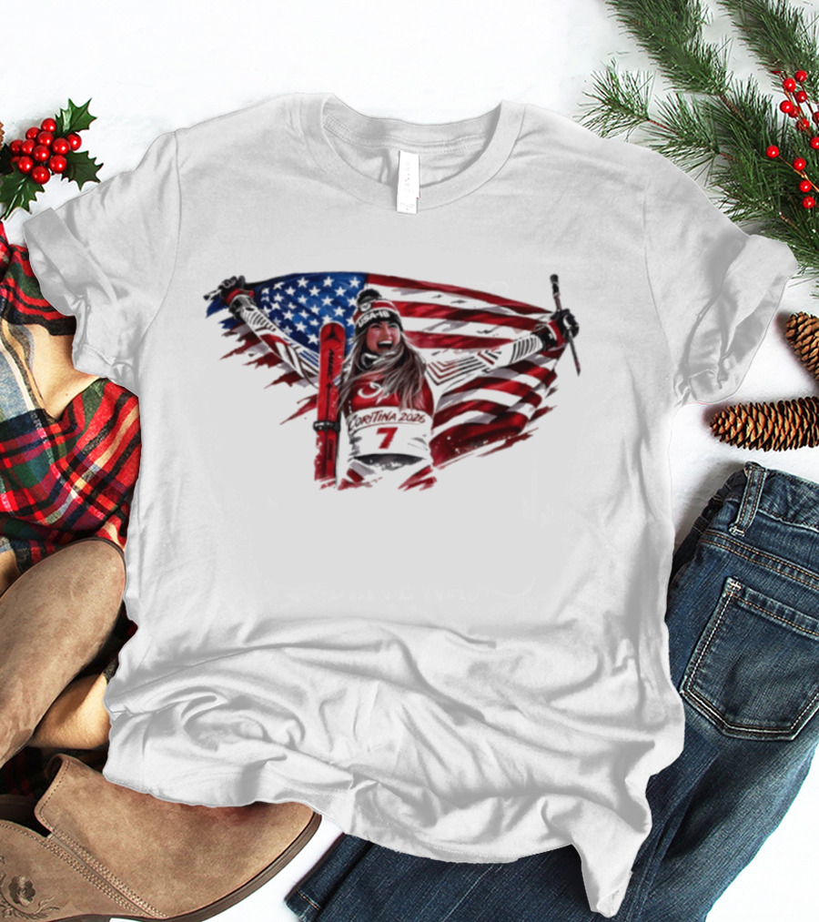 USA Winter Olympic Mikaela Shiffrin American Flag Skier T-Shirt