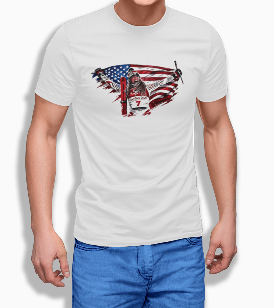 USA Winter Olympic Mikaela Shiffrin American Flag Skier T-Shirt