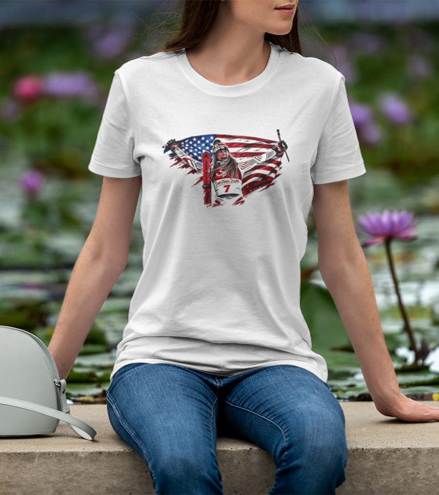 USA Winter Olympic Mikaela Shiffrin American Flag Skier T-Shirt