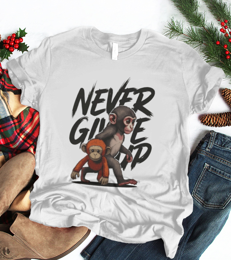 Never Give Up Inspirational Monkeys Motivational Message T-Shirt