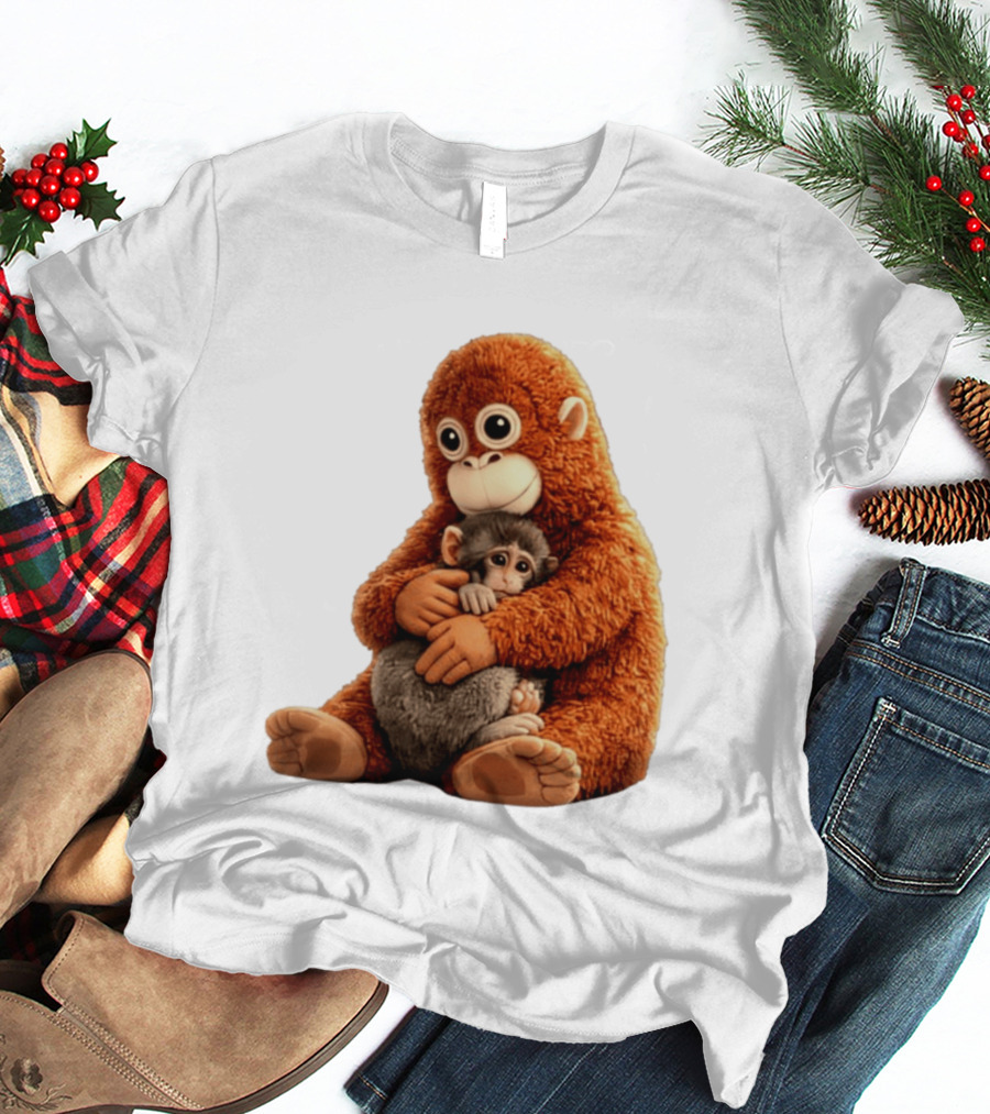 Punch Monkey Hugging Plush Baby Monkey T-Shirt