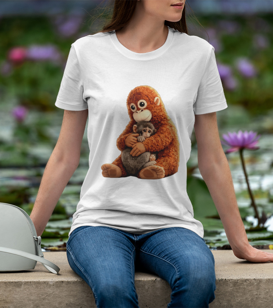 Punch Monkey Hugging Plush Baby Monkey T-Shirt