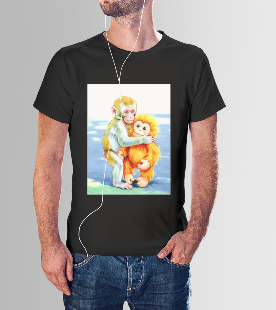 Adorable Monkey Cuddling Orange Plush Toy Scene T-Shirt