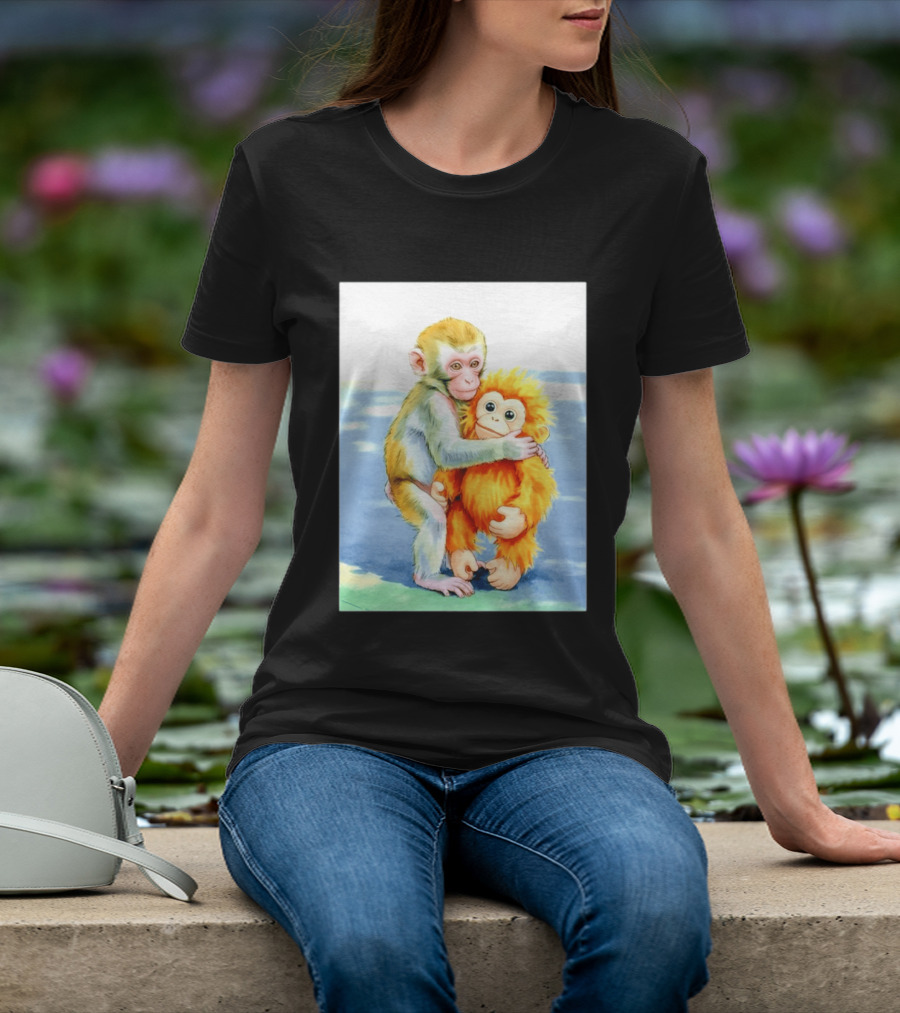 Adorable Monkey Cuddling Orange Plush Toy Scene T-Shirt