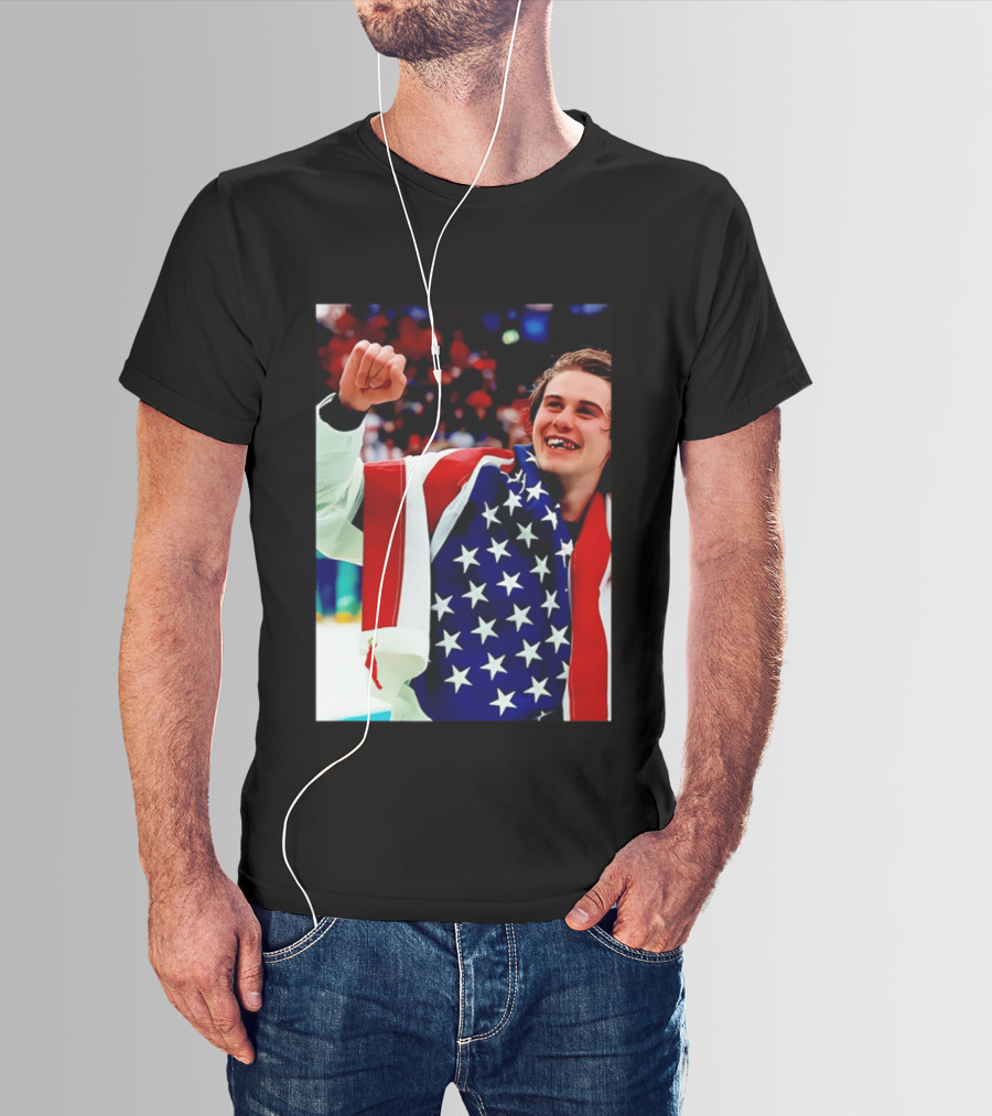 Jack Hughes Celebrating Team USA Hockey Star Spangled Moment T-Shirt