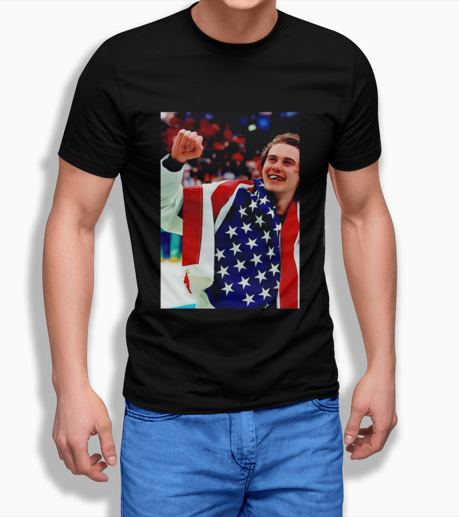 Jack Hughes Celebrating Team USA Hockey Star Spangled Moment T-Shirt