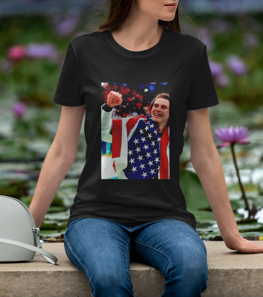 Jack Hughes Celebrating Team USA Hockey Star Spangled Moment T-Shirt