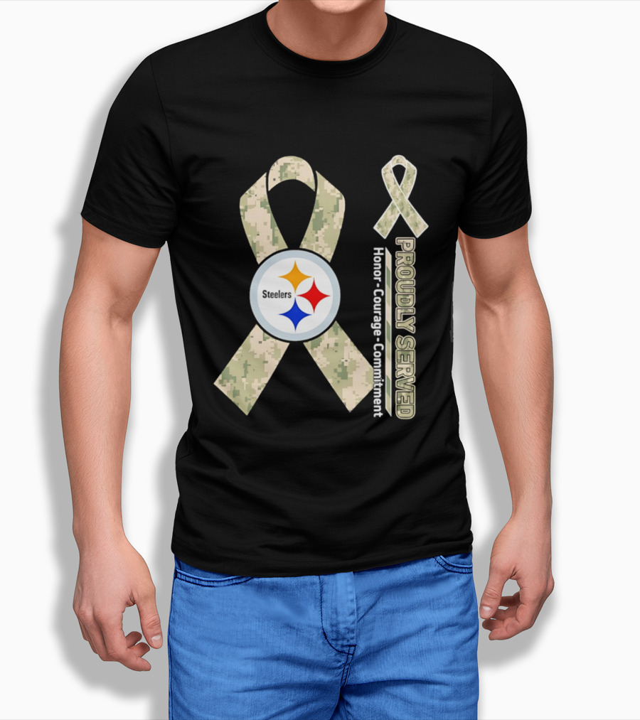Pittsburgh Steelers Camouflage Ribbon Proudly Served Honor Courage Commitment T-Shirt