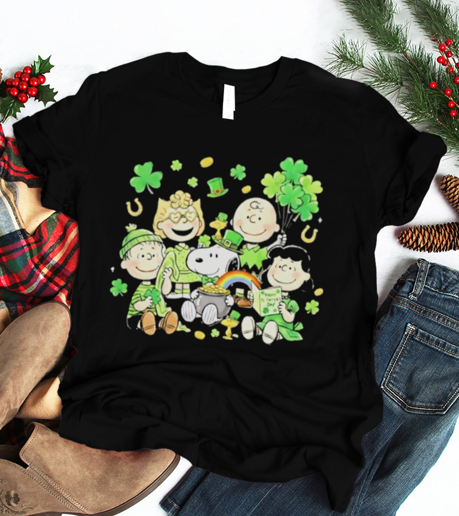 St. Patrick's Day Peanuts Snoopy And Friends With Shamrocks Horseshoes And Rainbow T-Shirt