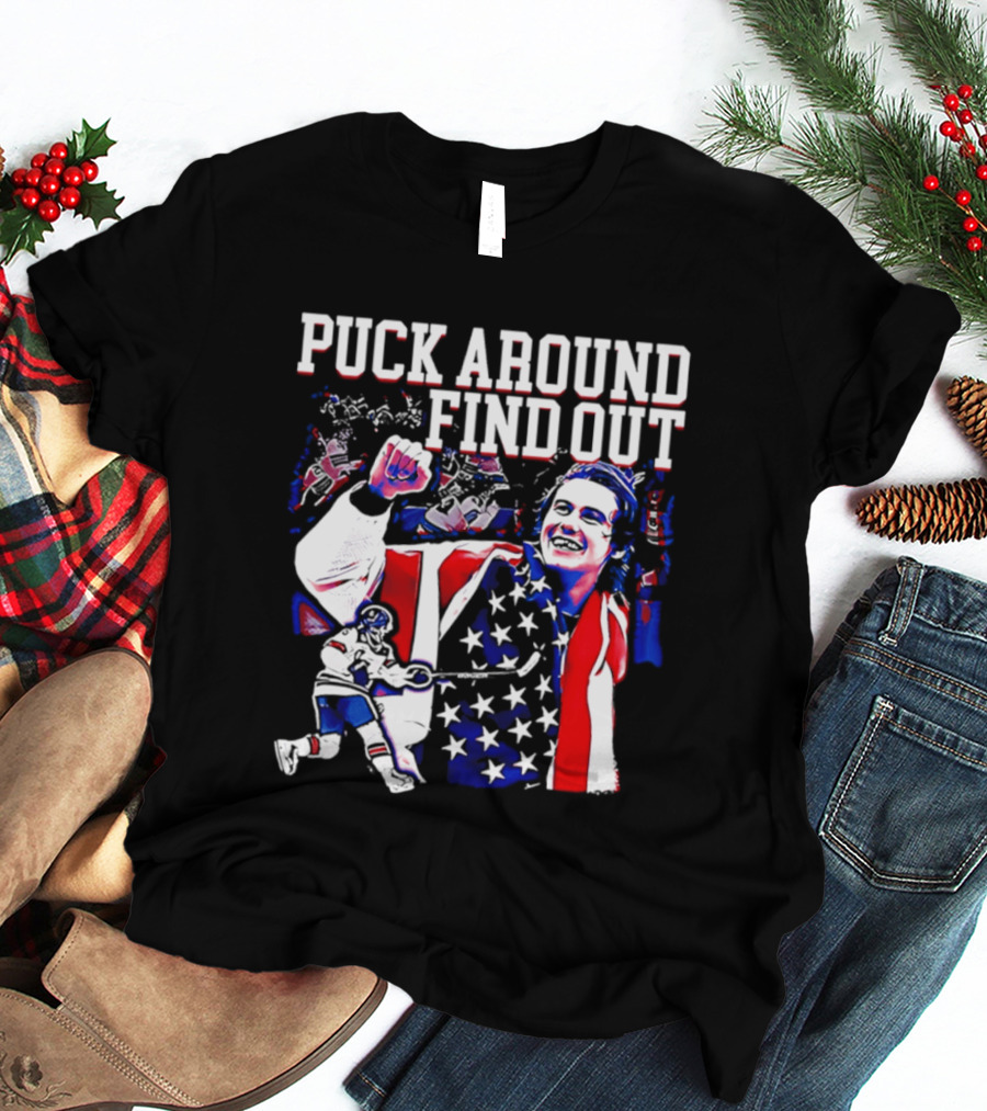Puck Around Find Out Jack Hughes USA Hockey American Flag Celebration T-Shirt