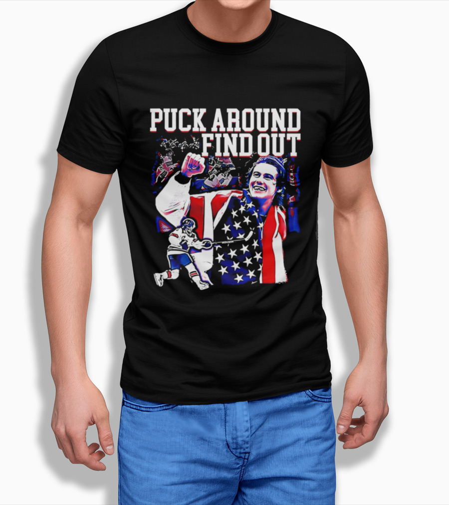 Puck Around Find Out Jack Hughes USA Hockey American Flag Celebration T-Shirt