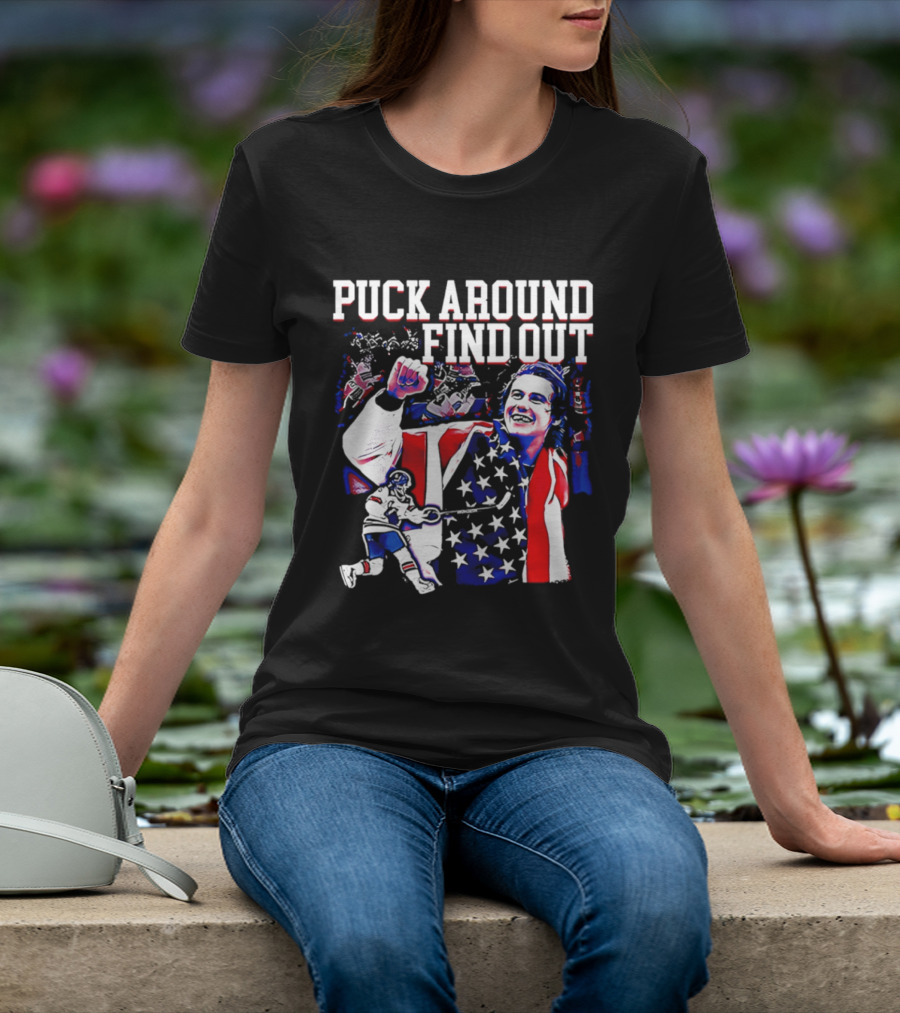 Puck Around Find Out Jack Hughes USA Hockey American Flag Celebration T-Shirt