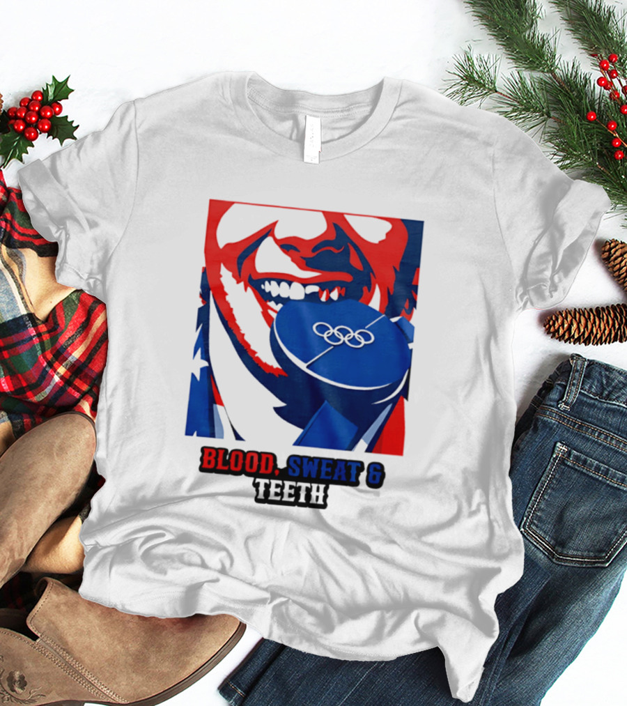 Blood Sweat Teeth Jack Hughes USA Olympic Hockey Gold Medal Champs T-Shirt