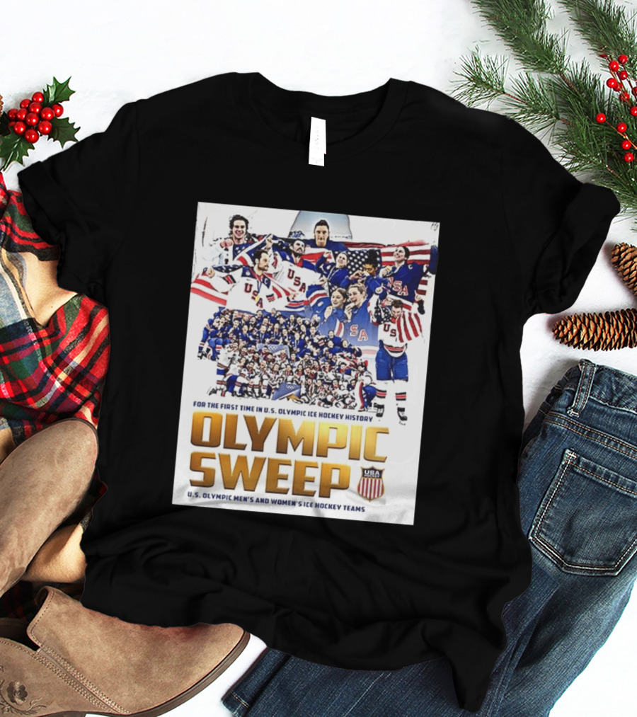 U.S. Olympic Ice Hockey History First Sweep Men's And Women's Teams T-Shirt