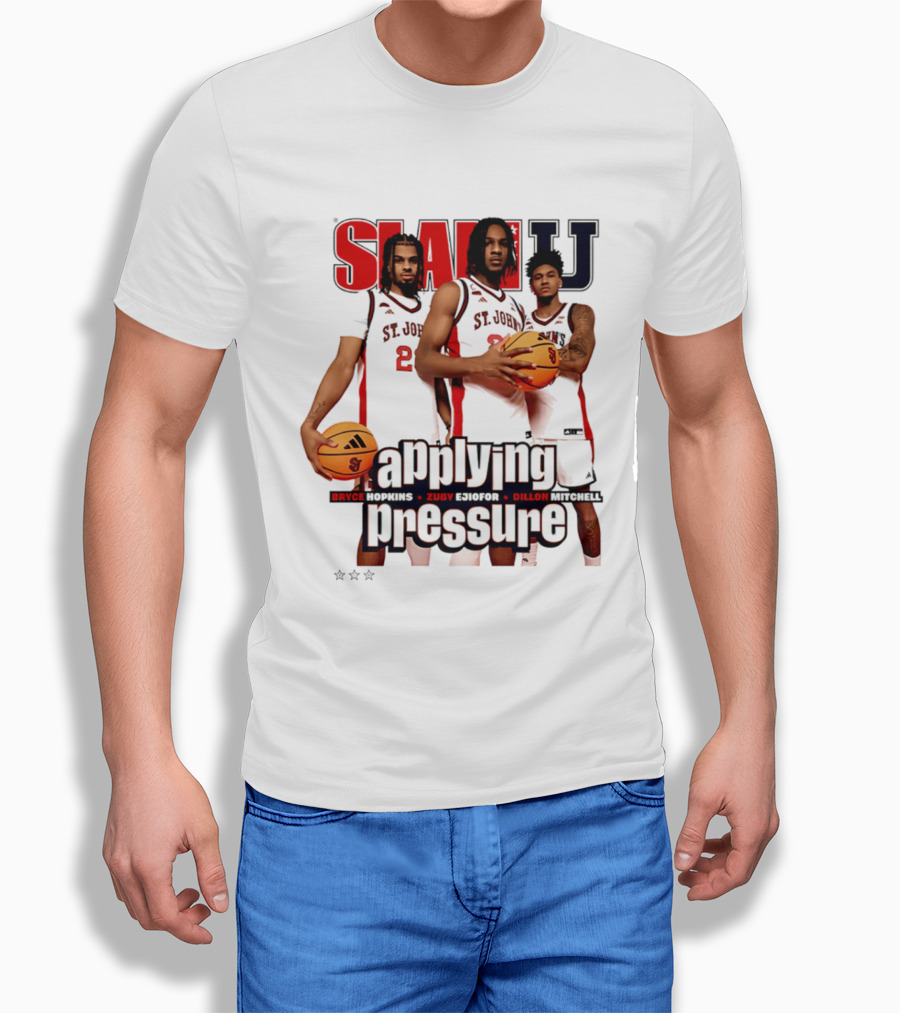St. John's Red Storm SlamU Applying Pressure Bryce Hopkins Zuby Ejiofor Dillon Mitchell T-Shirt