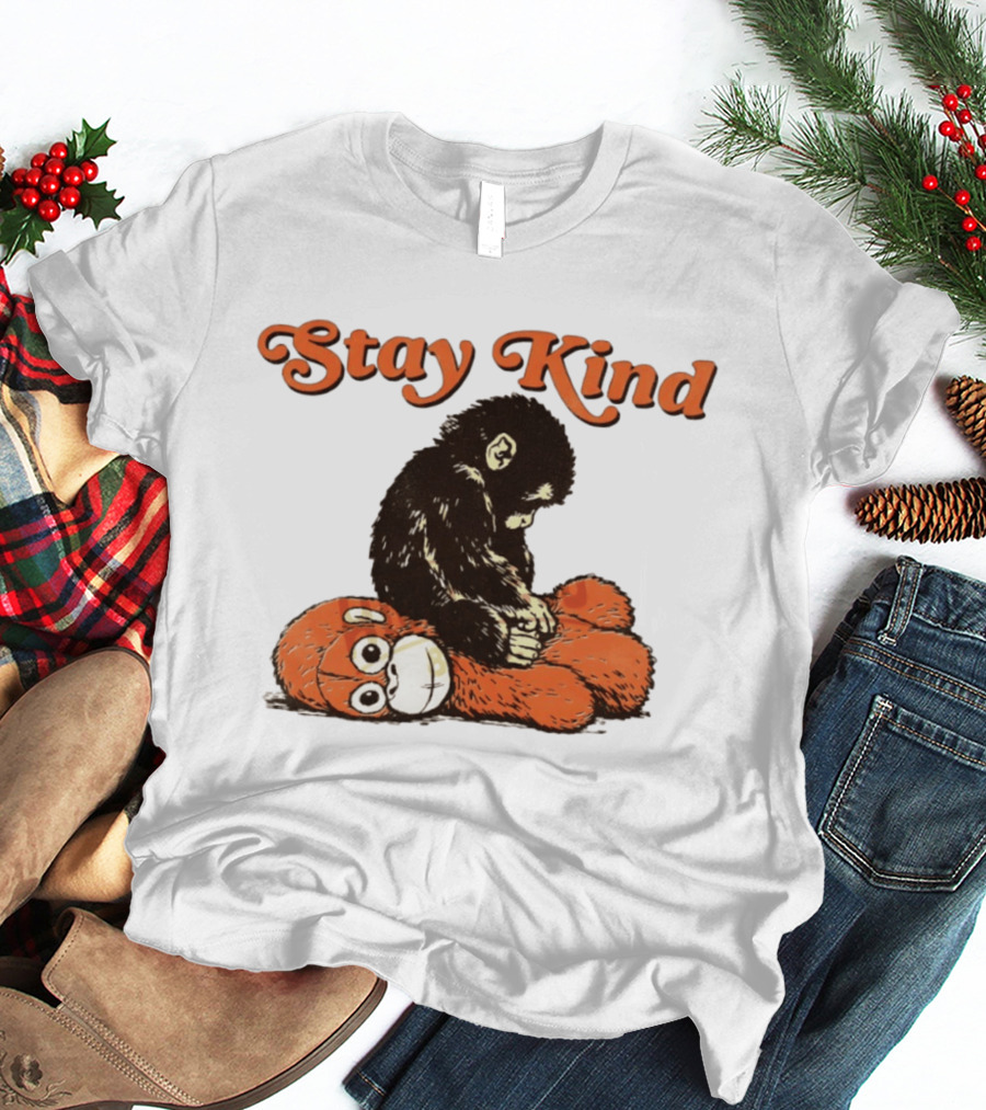 Stay Kind Punch Monkey Meme Compassionate Primate Hugging Plush T-Shirt