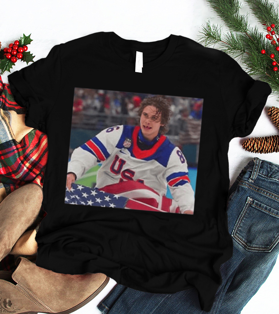 USA Hockey Jack Hughes Team 86 American Flag T-Shirt