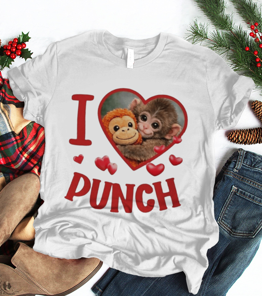 I Love Punch Heart Cute Monkey Hugging Furry Friend T-Shirt