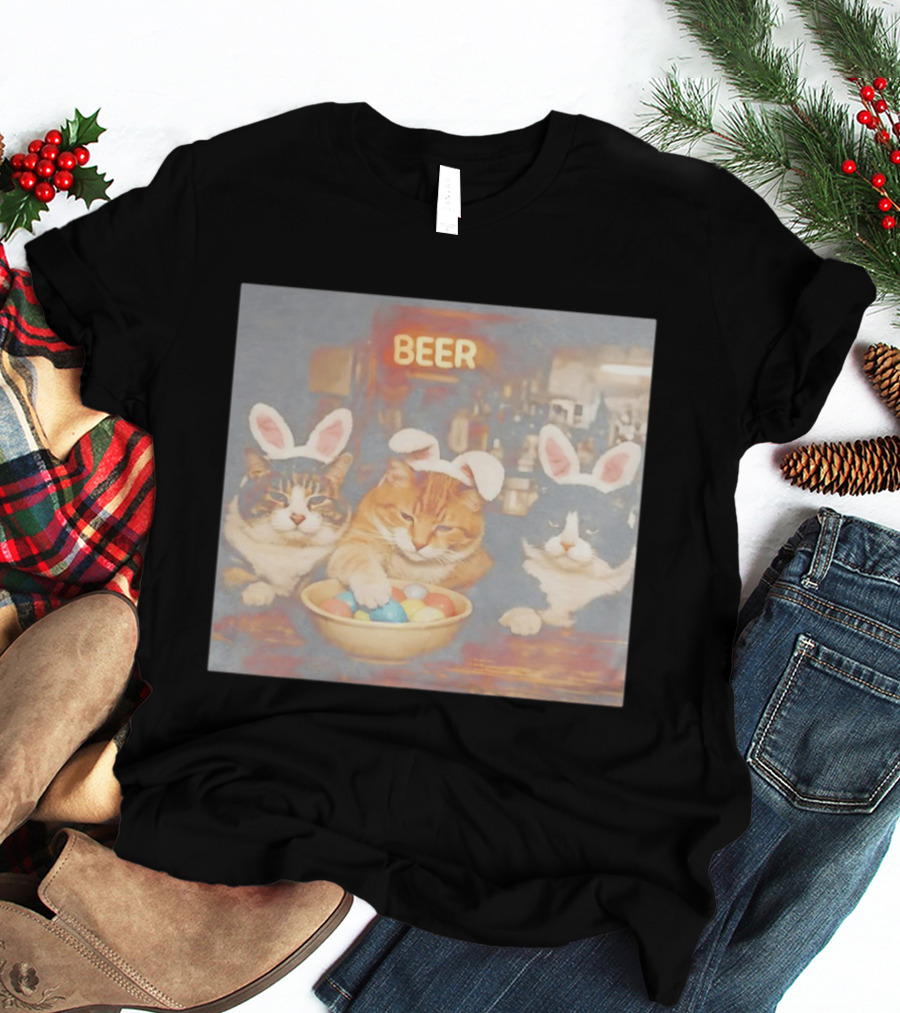 Beer Cat Trio Bunny Ears With Easter Eggs T-Shirt