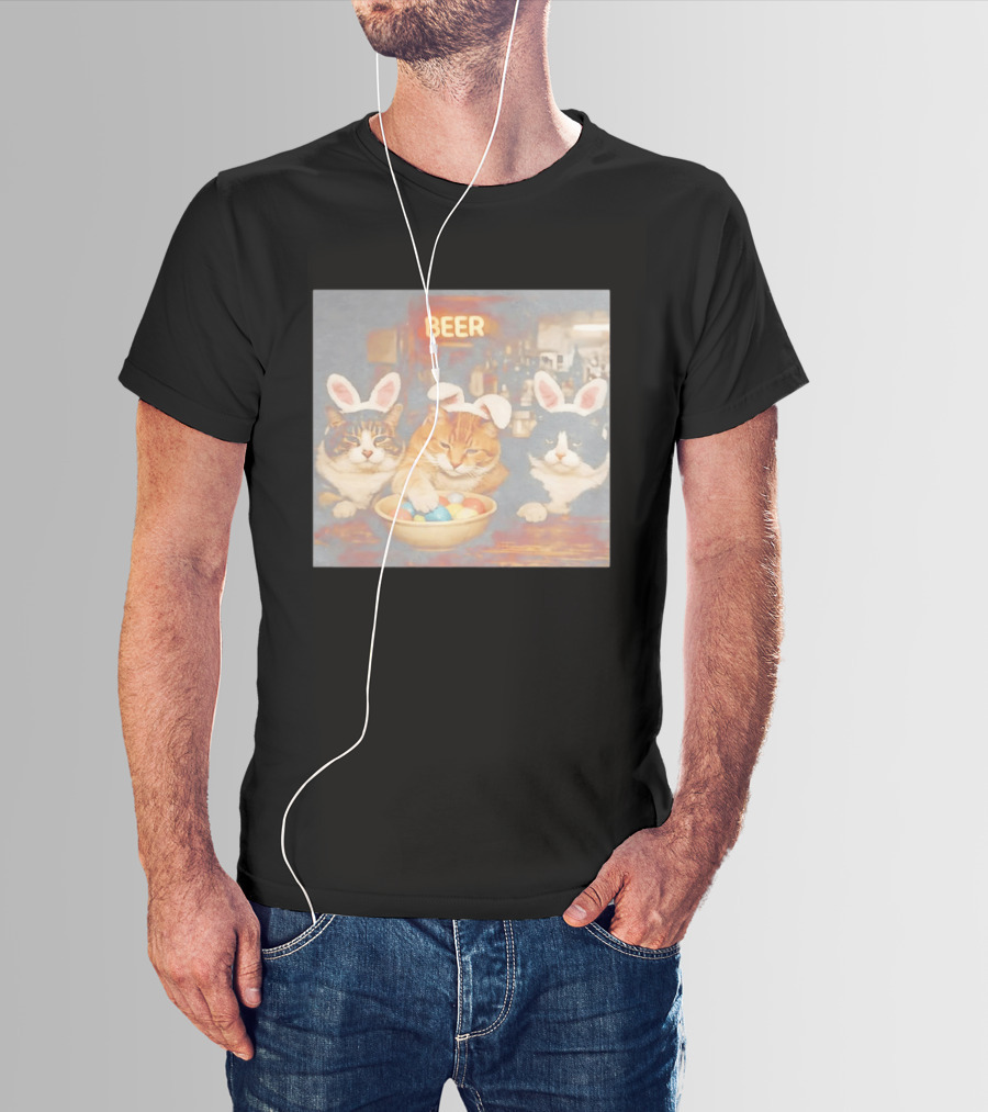 Beer Cat Trio Bunny Ears With Easter Eggs T-Shirt