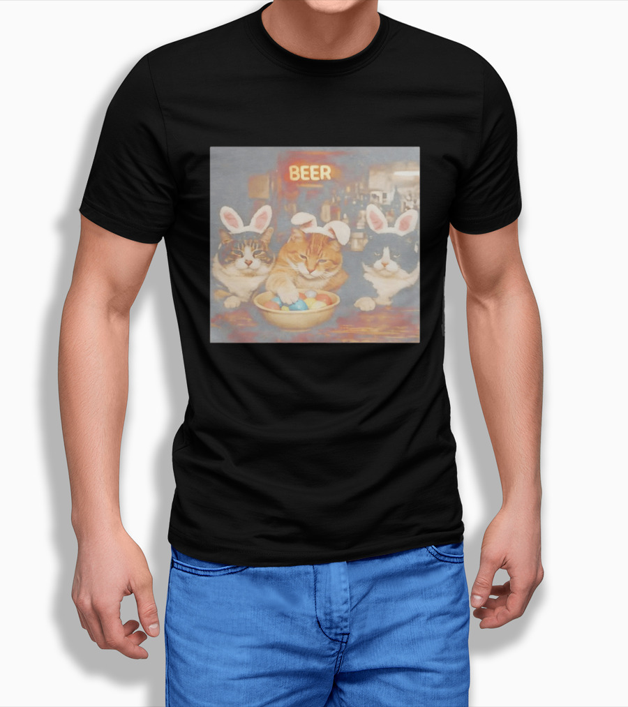 Beer Cat Trio Bunny Ears With Easter Eggs T-Shirt