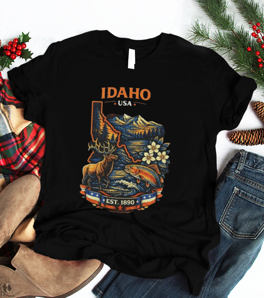 Idaho USA Est 1890 Wilderness Elk Trout Mountains T-Shirt