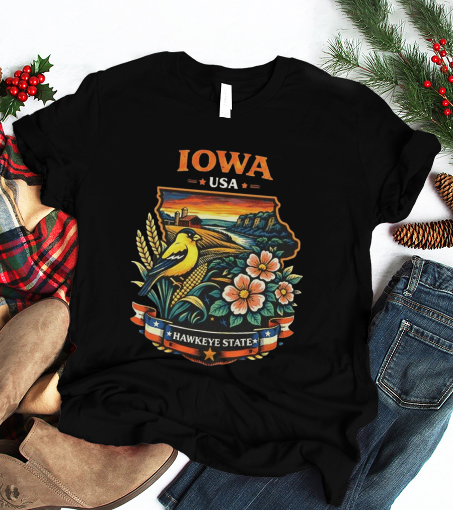 Iowa USA Hawkeye State Scenic Landscape With Bird And Flowers T-Shirt