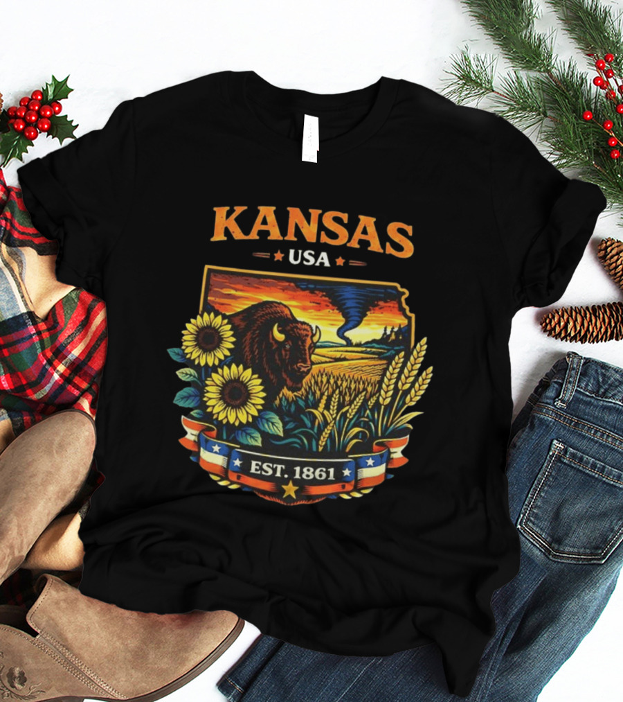 Kansas USA Buffalo Sunflowers Wheat Tornado Est 1861 T-Shirt