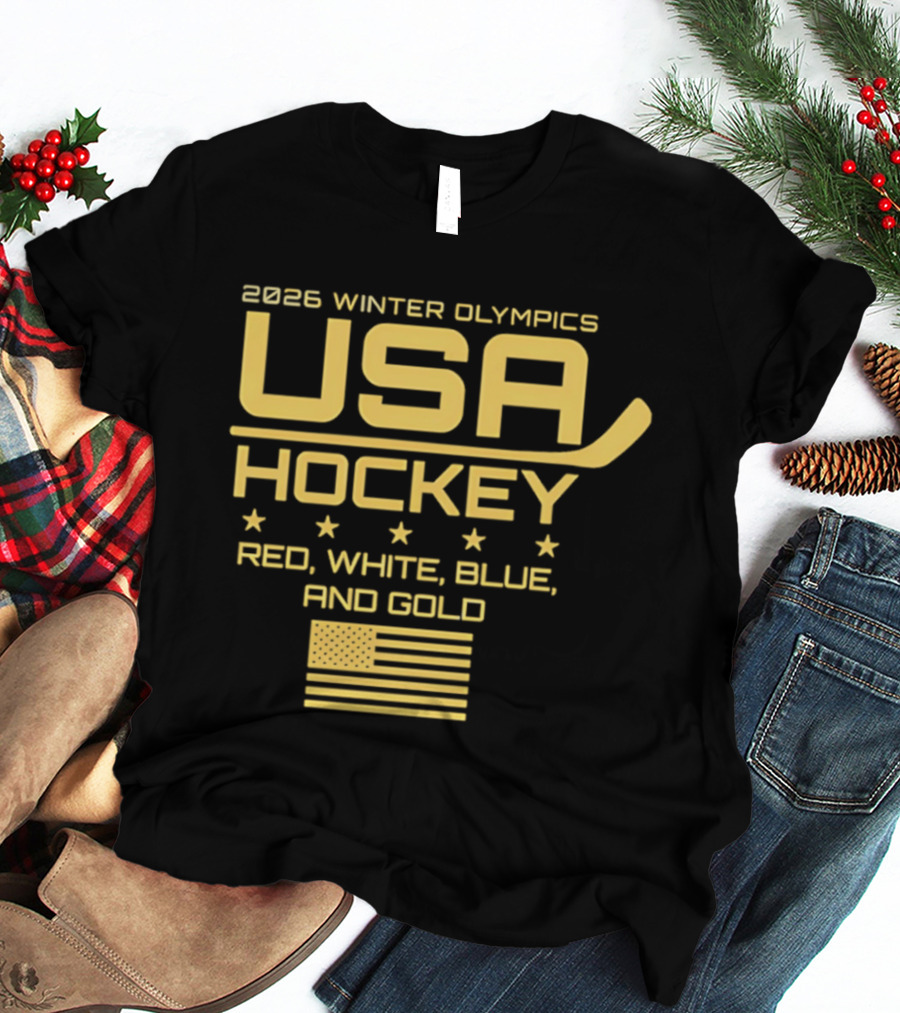 USA Hockey 2026 Winter Olympics Red White Blue Gold Flag T-Shirt