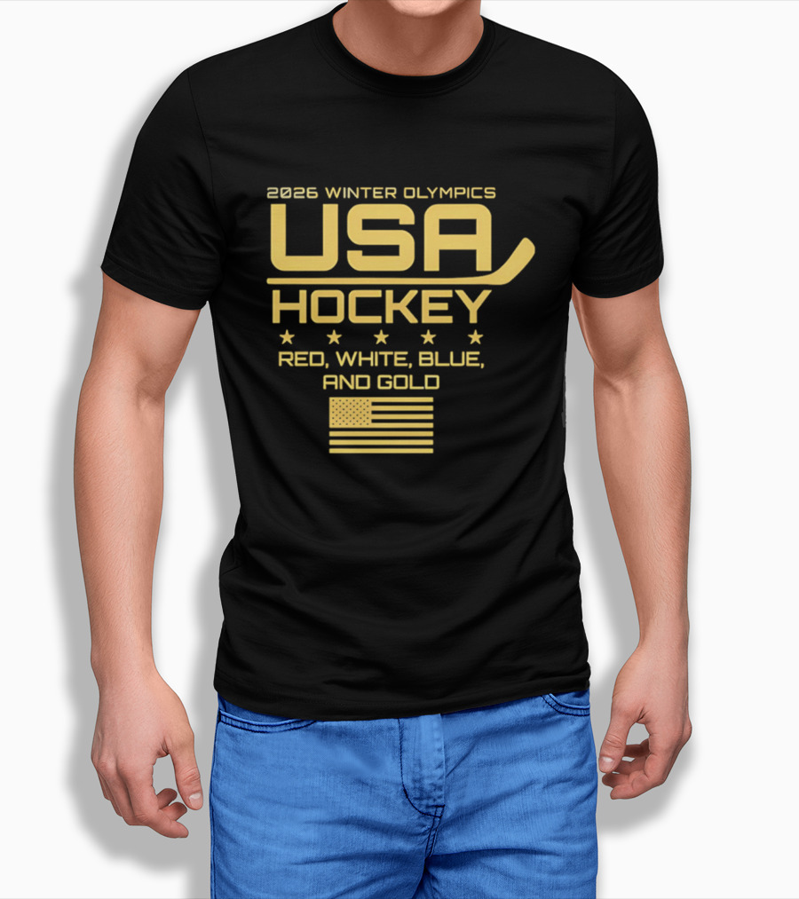 USA Hockey 2026 Winter Olympics Red White Blue Gold Flag T-Shirt